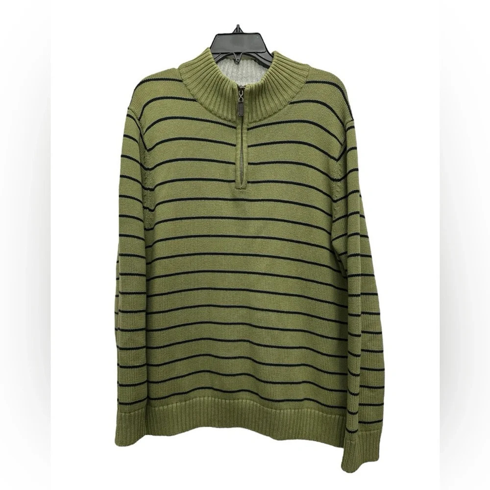 LL Bean Cotton Quarter Zip Mock Neck Sweater Men’s Size Large Olive Green Stripe